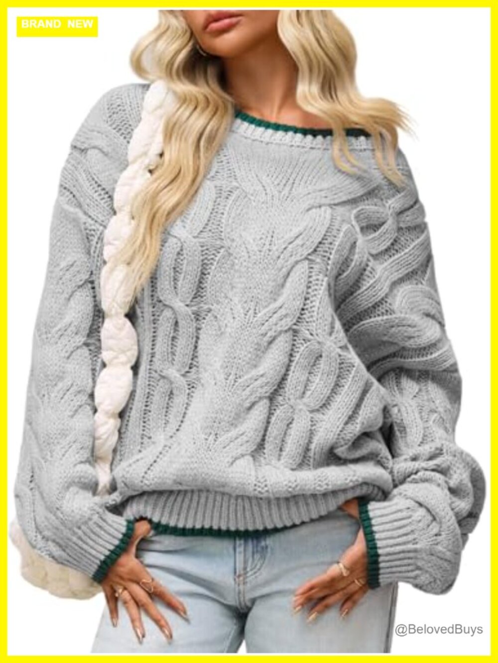 Oversized Cable Knit Sweater Casual Crewneck Chunky Pullover Fall Winter